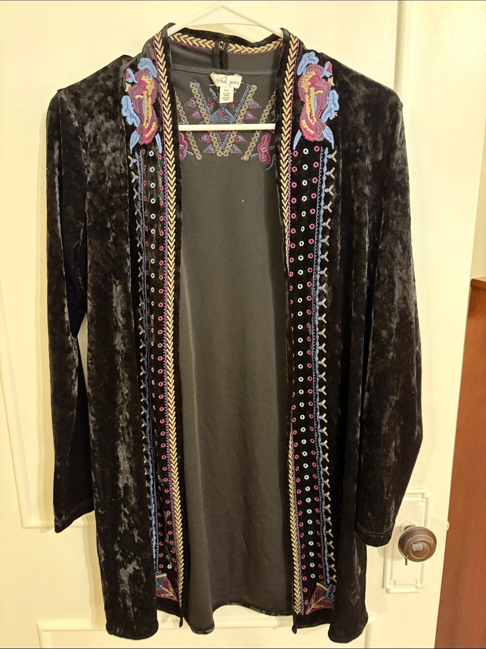 Black Velvet Embroidered Open-Front Blazer
